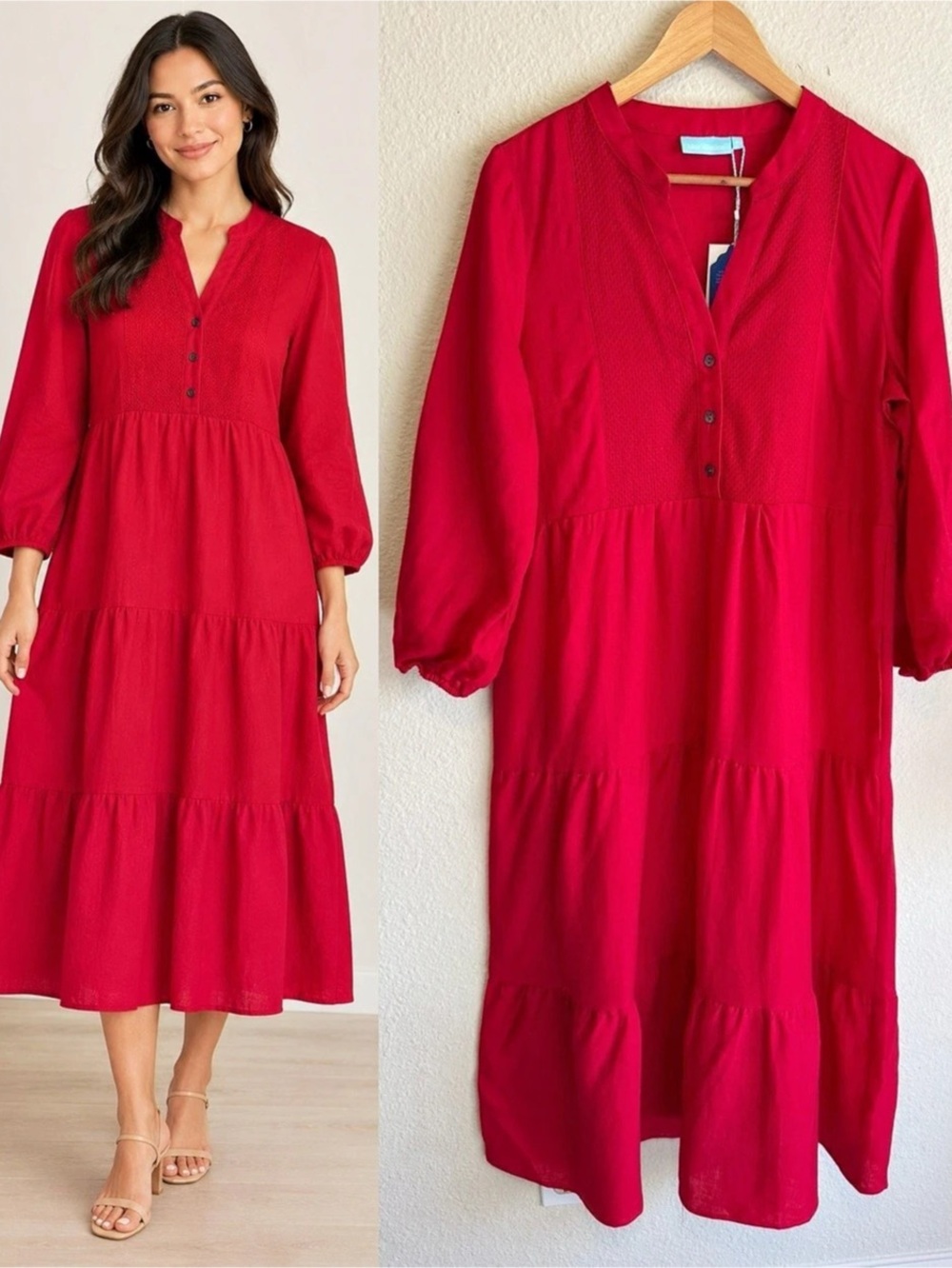 blue illusion French Linen Tiered Dress Maxi Dress in Pink Size Medium NWT